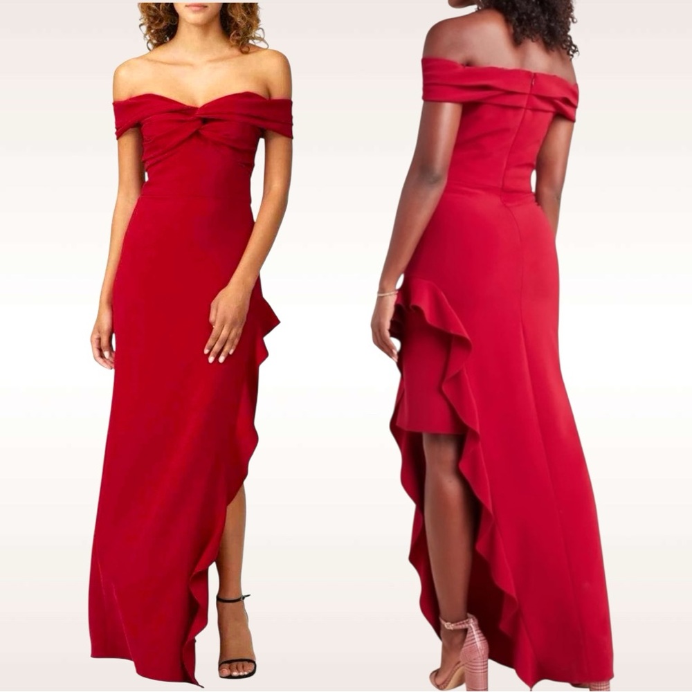 Shoshanna Midnight Solid Redd Wells Off the Shoulder Ruffle Cocktail Gown Size 6 - Picture 4 of 14